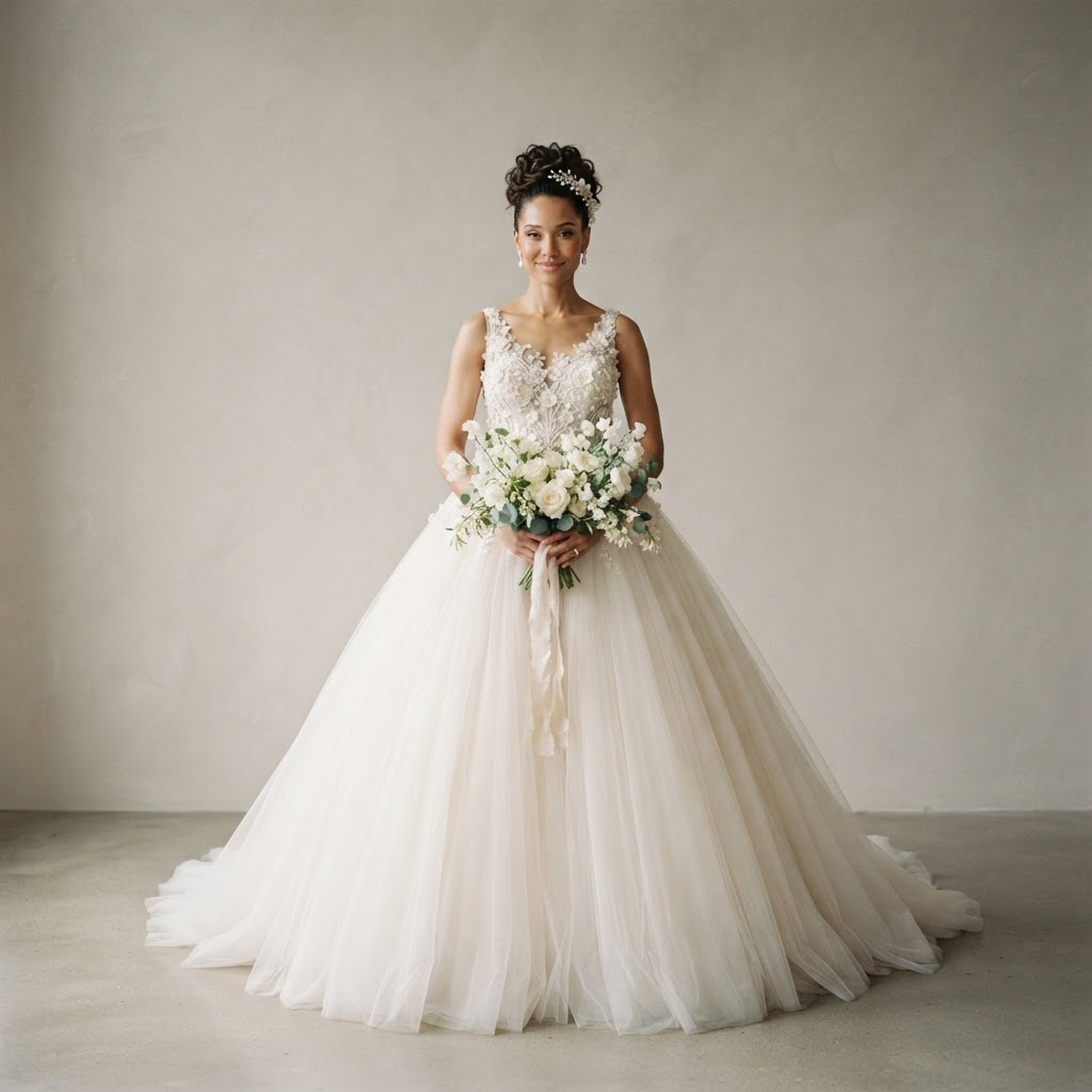 Bride in a voluminous ivory tulle ball gown