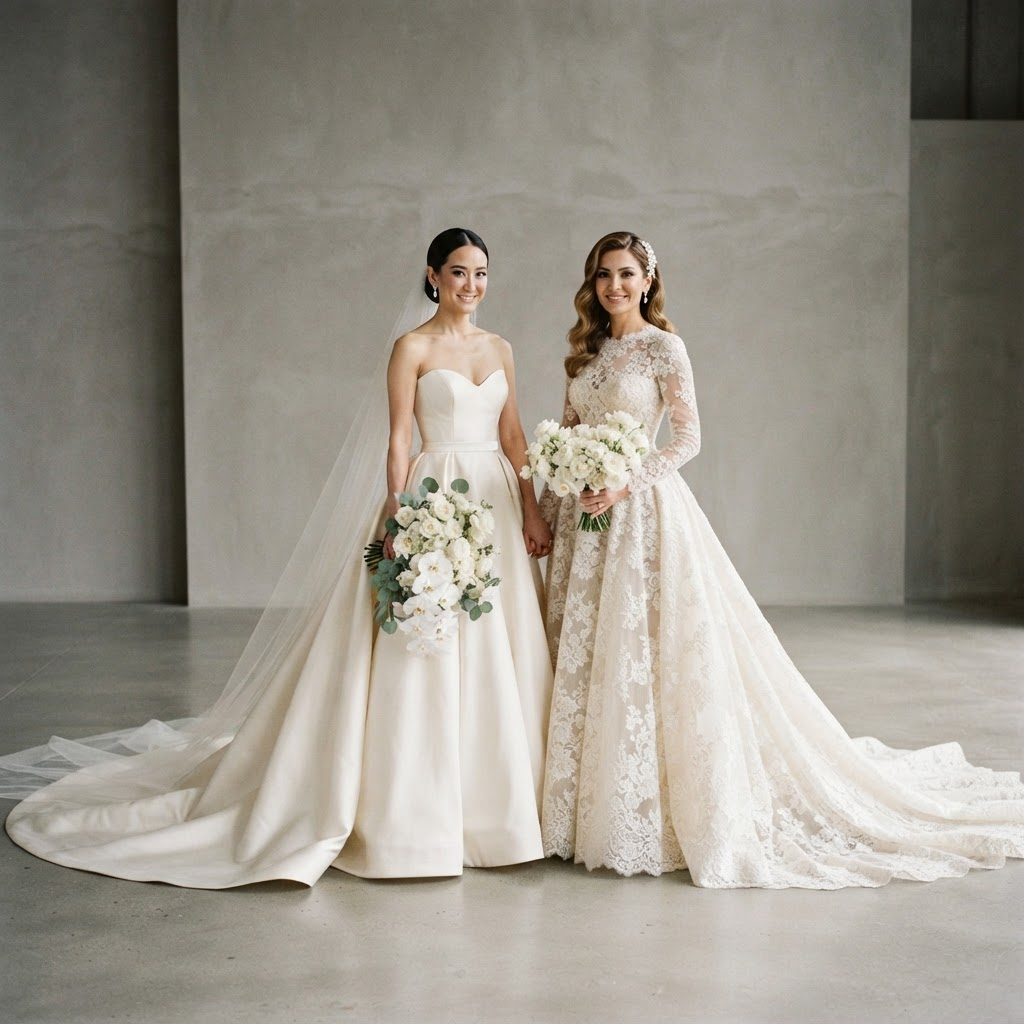Two brides in luxury ivory couture wedding gowns in a studio