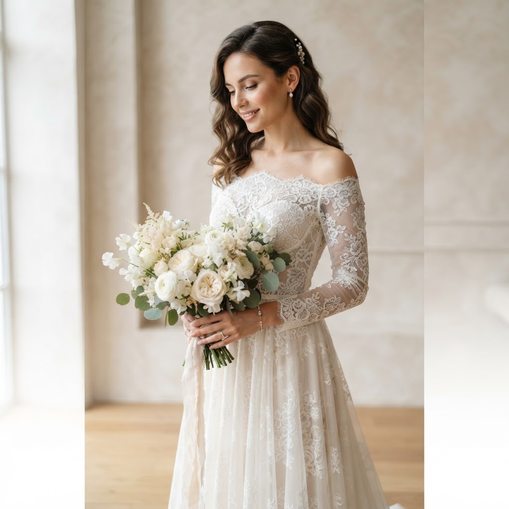 Bride in a lace off-shoulder wedding gown