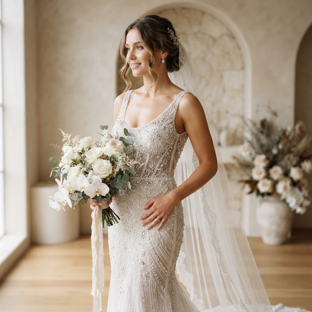 Bride in a beaded fitted gown with veil
