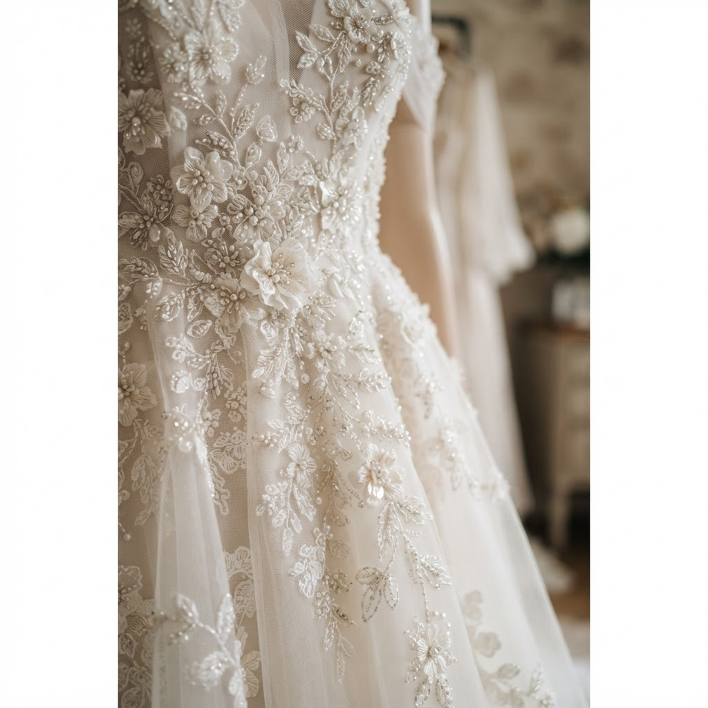 Detail of couture gown floral embroidery